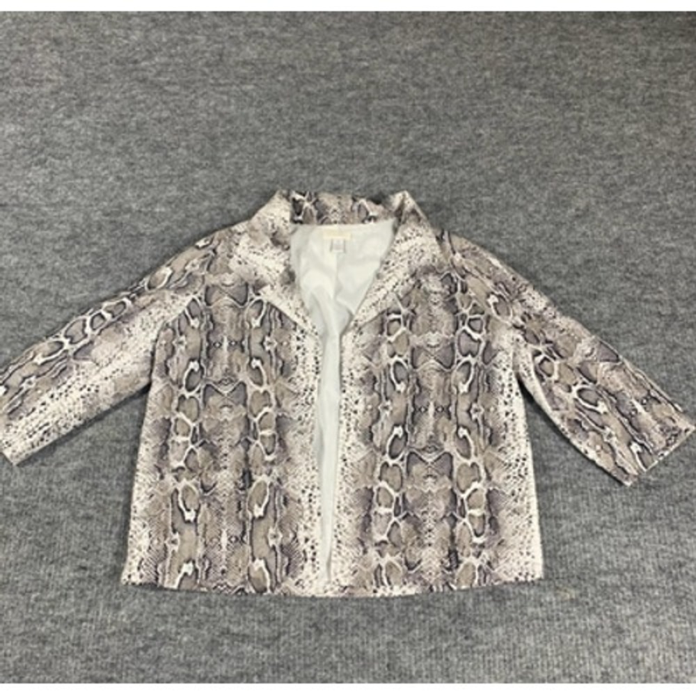 Chicos Jacket Womens 1 L Beige Snake Print Collared Lined Open 3/4 Sleeve Luxury
